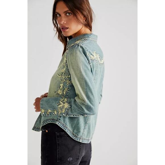 Free People Delores Denim Embroidered Button Down Top - Picture 6 of 6